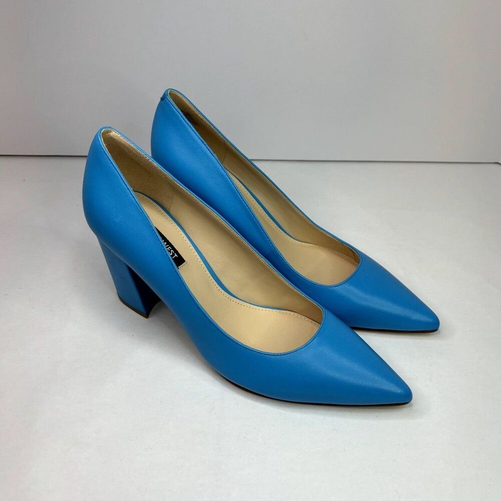 Nine West Wncara Blue Leather Block Heel Pumps Pointed Toe Womens